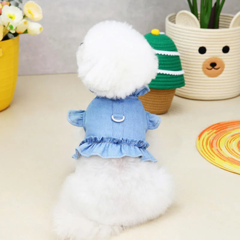 Blue denim dog dress with ruffles and a chest harness leash hook on a mannequin.