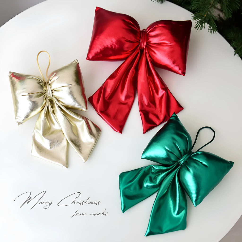 Christmas decorative bowknot hanging ornament in red bright leather finish 12cm size