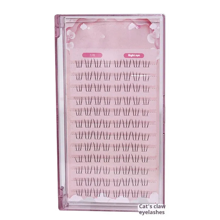 Kitten's paw style false eyelashes with lower lashes on a 12-row segmented sheer root band.