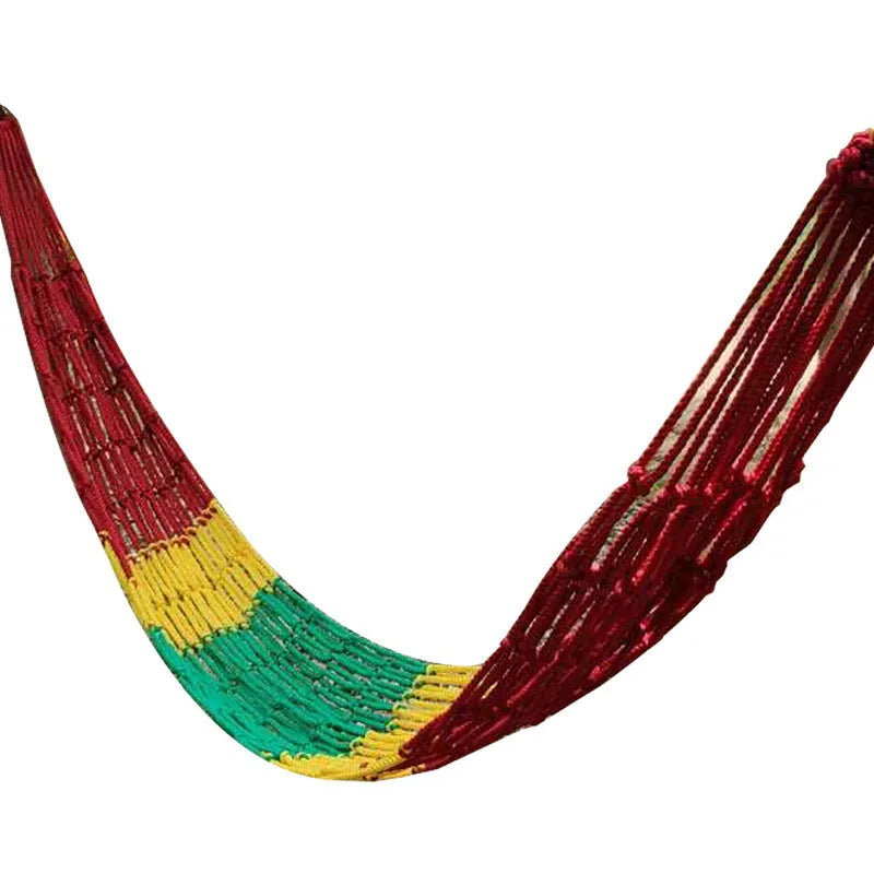 Nylon rope mesh hammock showing 1.1m width and 2.1m length dimensions for outdoor use