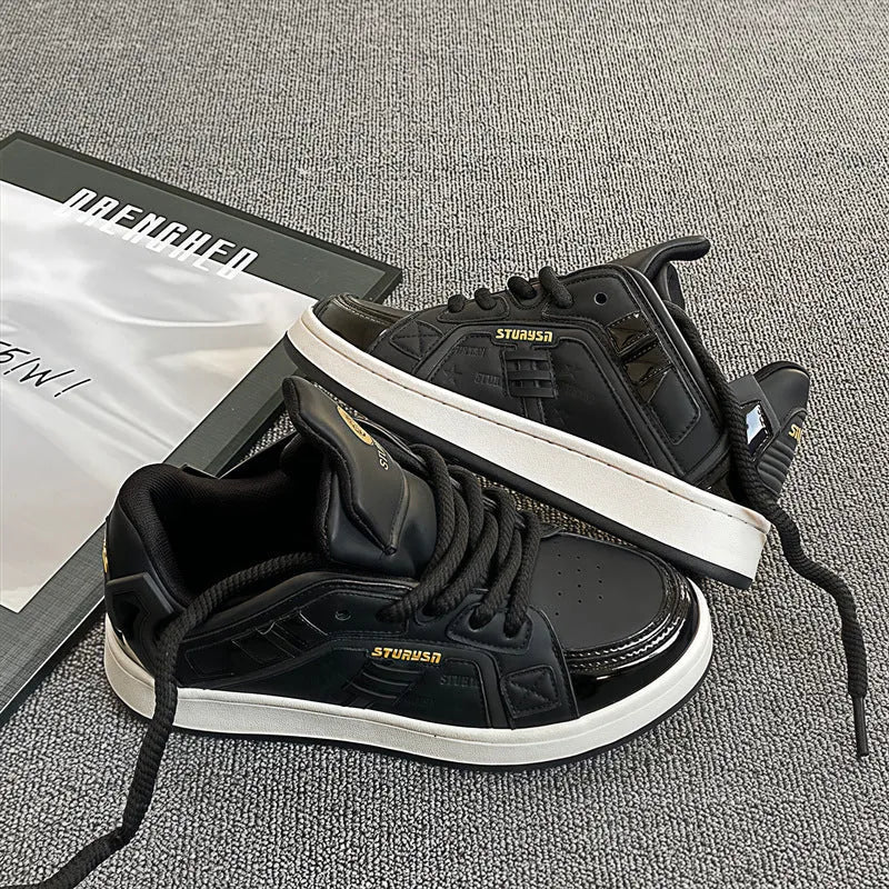 Men's black pu leather board shoes with thick rubber sole and lace-up front