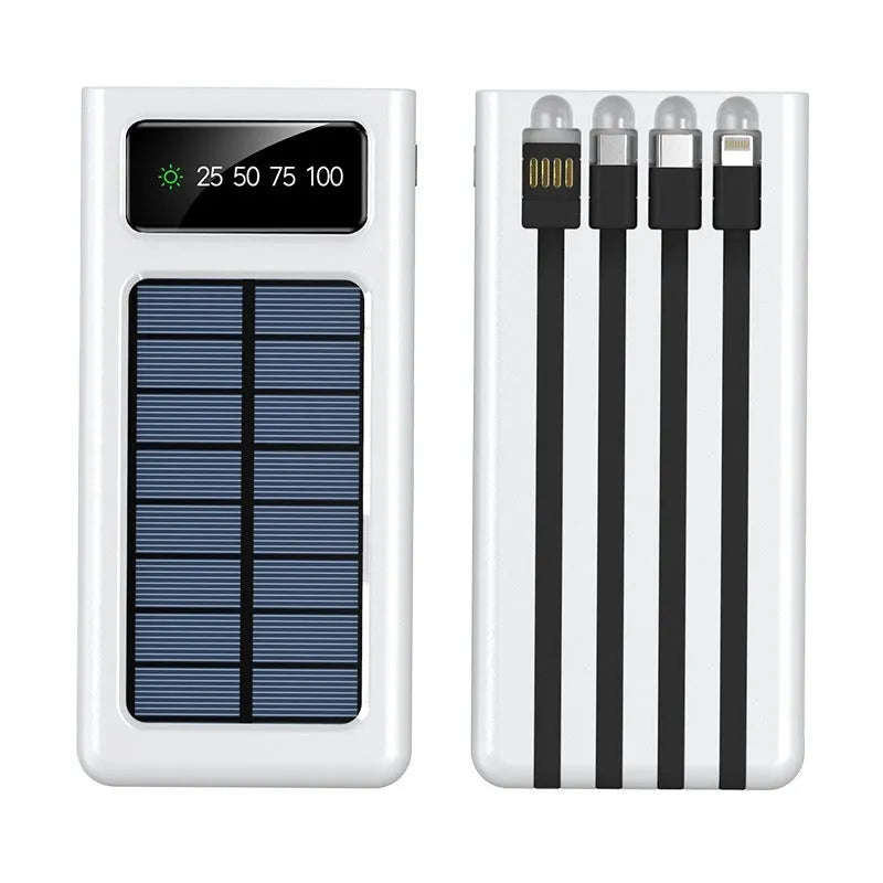 Black and white solar power bank with 20000mAh capacity and charging cable for mobile phones