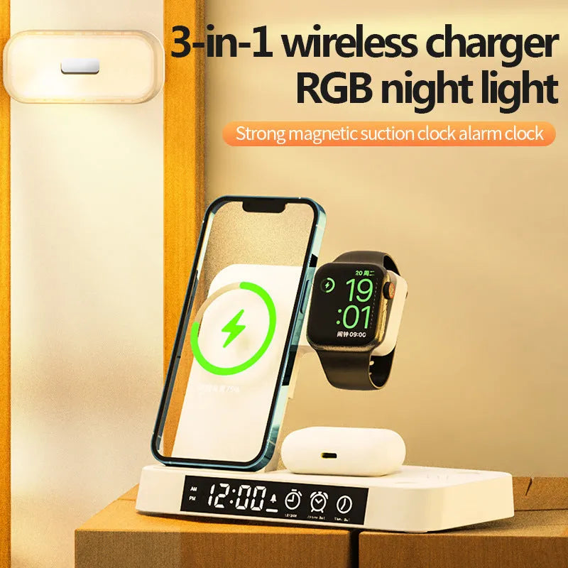 White 4-in-1 multifunction wireless charger station with foldable stand, alarm clock display, and RGB night light.