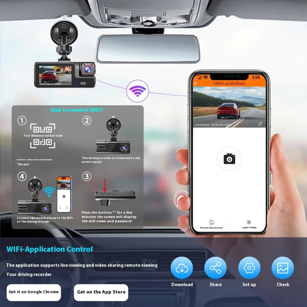 WiFi car dash cam with front and rear cameras showing on 2.0 inch screen with data cable for mobile phone connection
