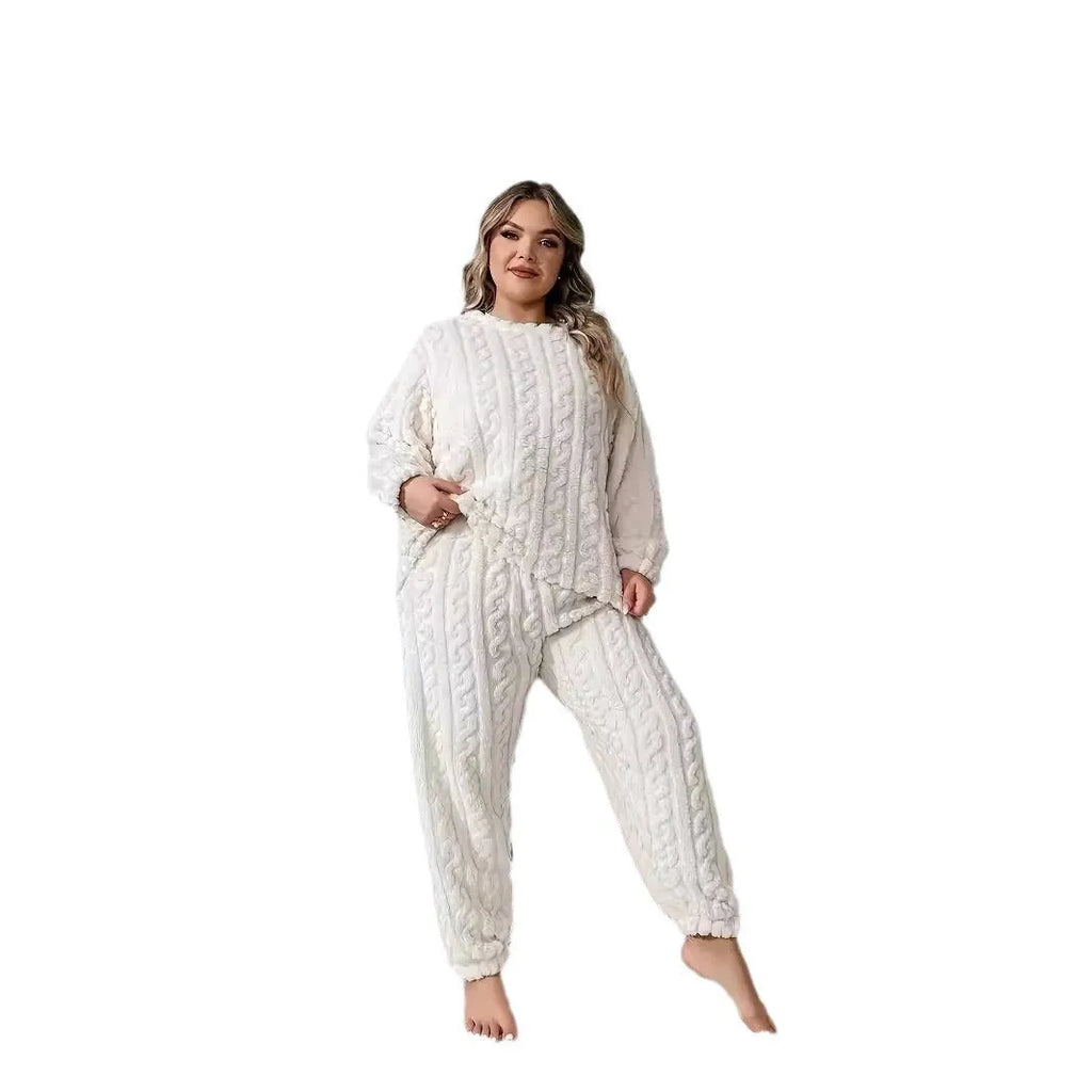 Women's creamy white plush polyester two-piece tracksuit set with crew neck top and matching trousers