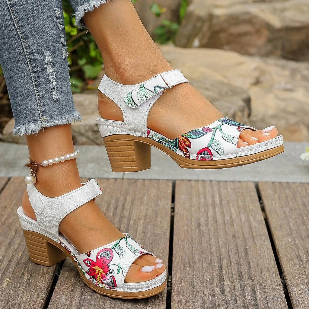 White women's high heel sandals with Velcro buckle closure and rubber sole