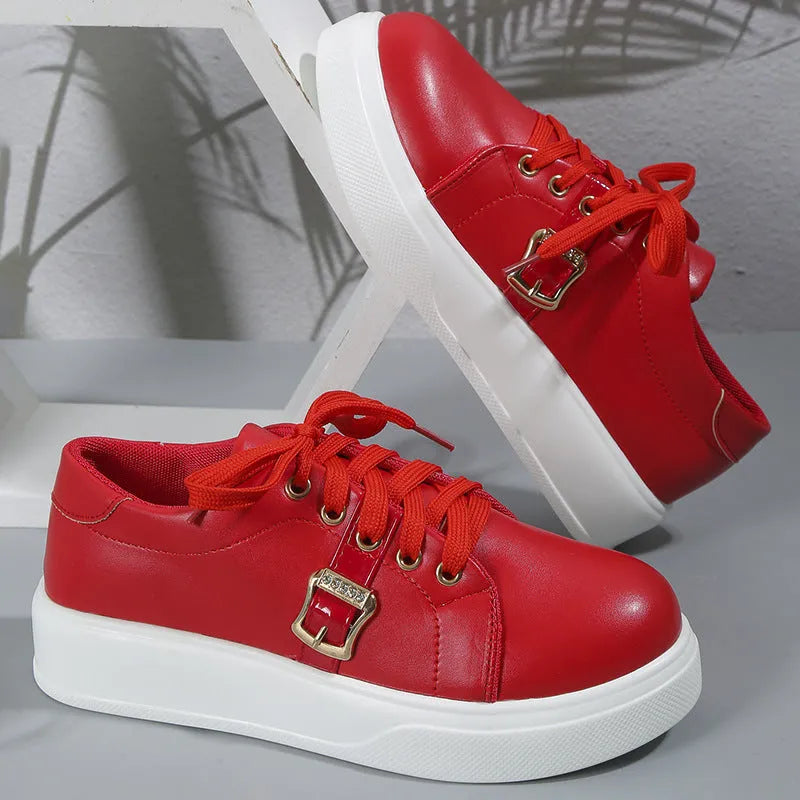 Lace-up flats with metal buckle design, round toe, artificial PU upper, rubber sole, front tie, available in black