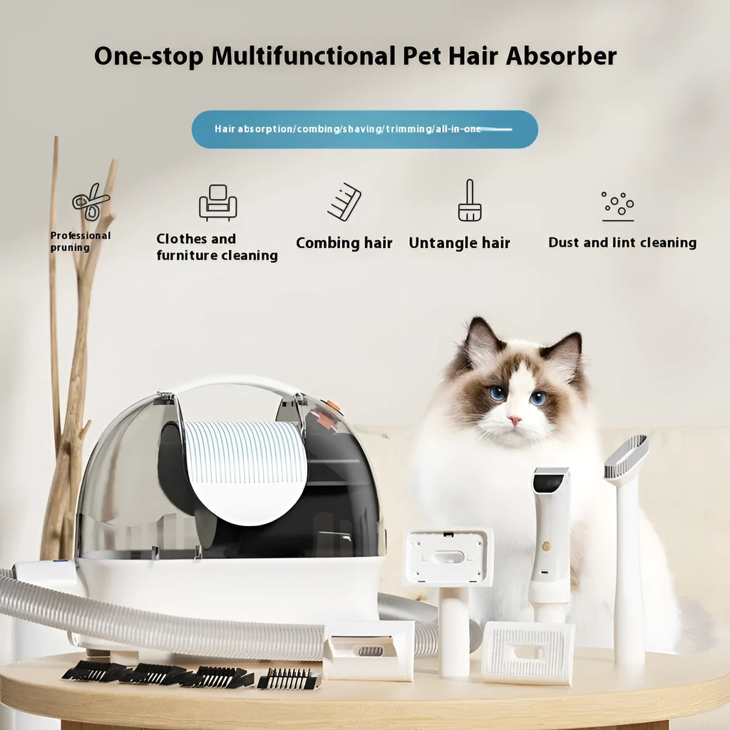 Pink and white multifunctional pet grooming vacuum cleaner with electric shear and attachments on a white background.