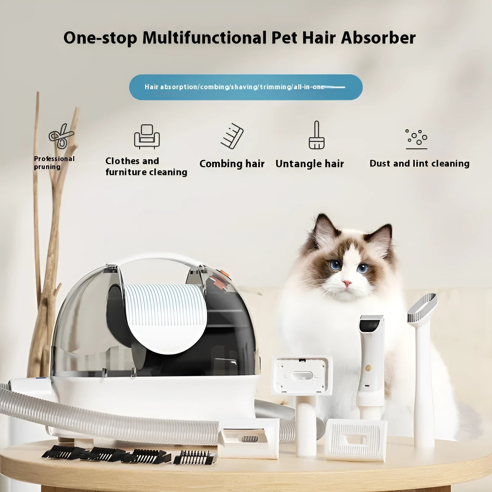 Pink and white multifunctional pet grooming vacuum cleaner with electric shear and attachments on a white background.