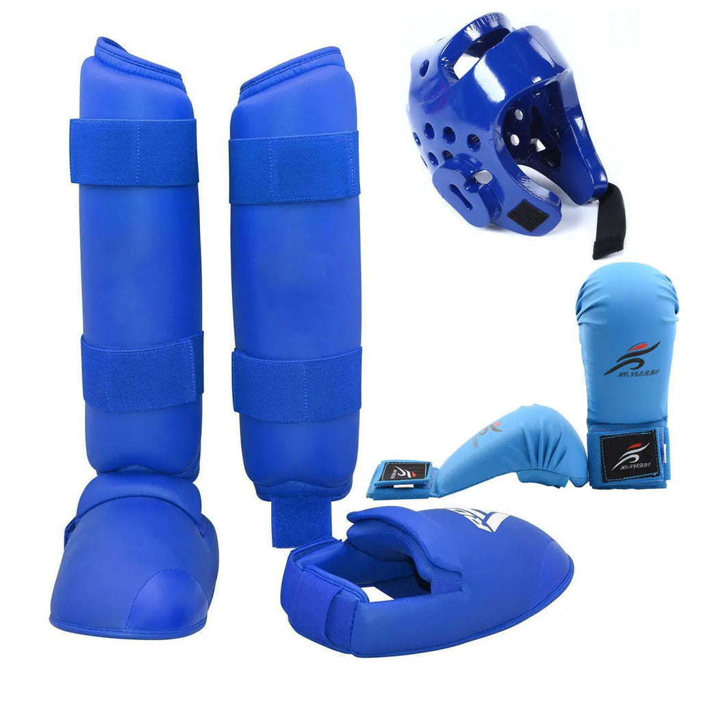 Red and blue karate protective gear set with helmet, boxing gloves, and leg guard