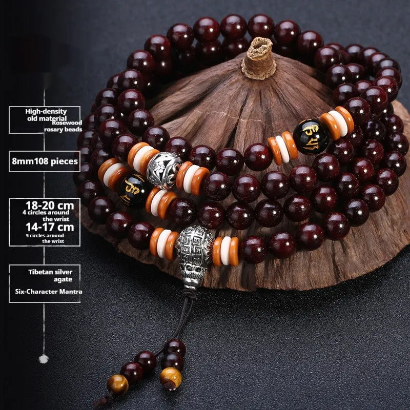 Men's traditional rosewood bracelet with 108 beads, shown in a selection of semi-precious stone styles.