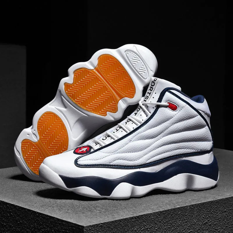 Men's high-top basketball shoes with mesh upper and rubber sole in AJ13 colour options