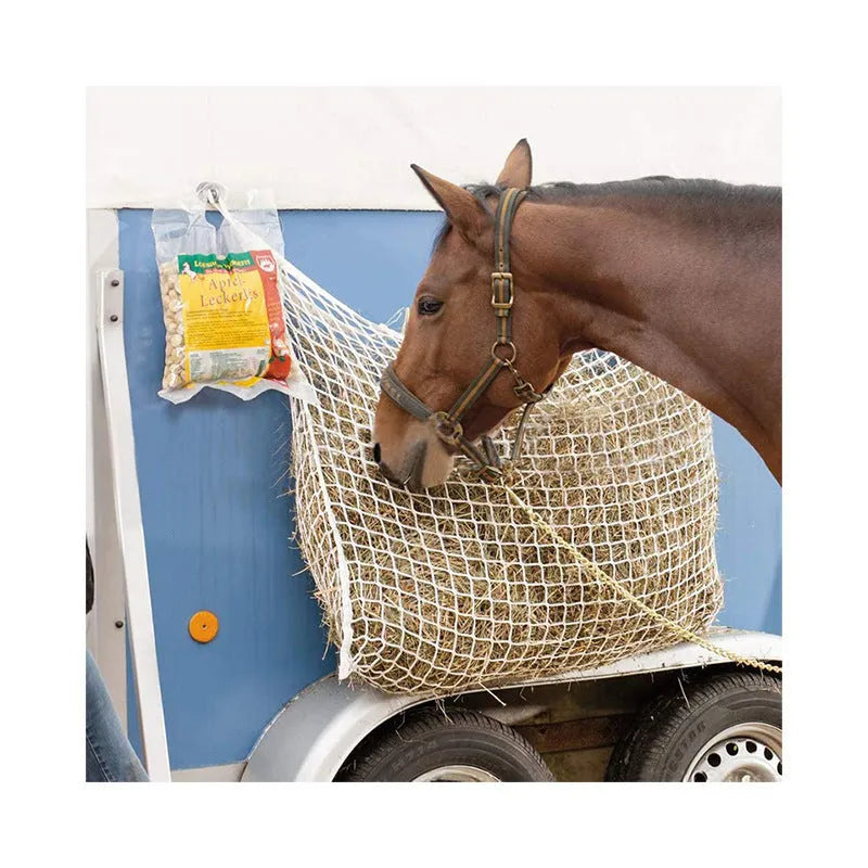 Black woven PE rope grid hanging feeding bag for horses, cattle and sheep.