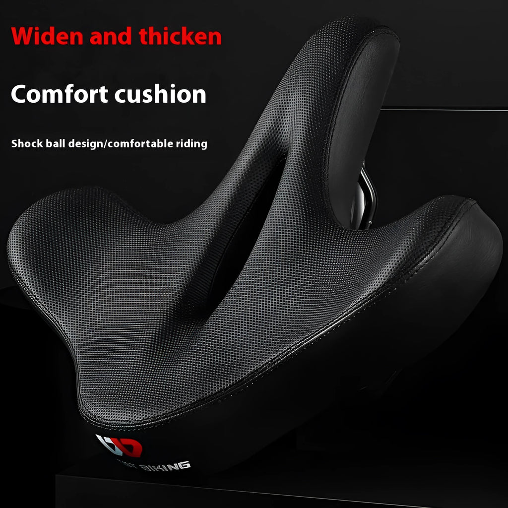 Black bicycle seat cushion with leather cover and foam padding for shock absorption