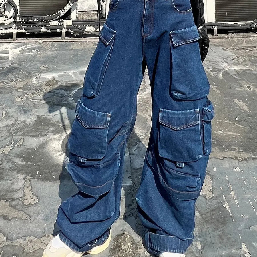 Dark blue distressed wide-leg jeans with multiple pockets and high waist design