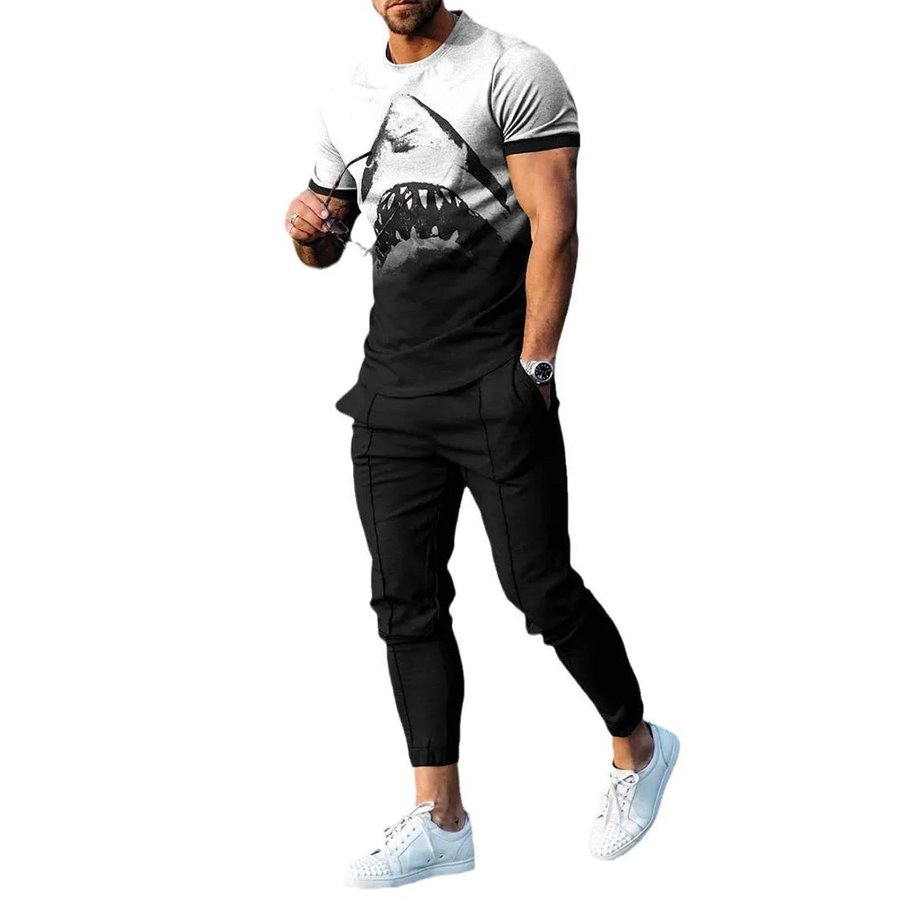Men's short-sleeve polyester suit set showing T-shirt and trousers in printed colours