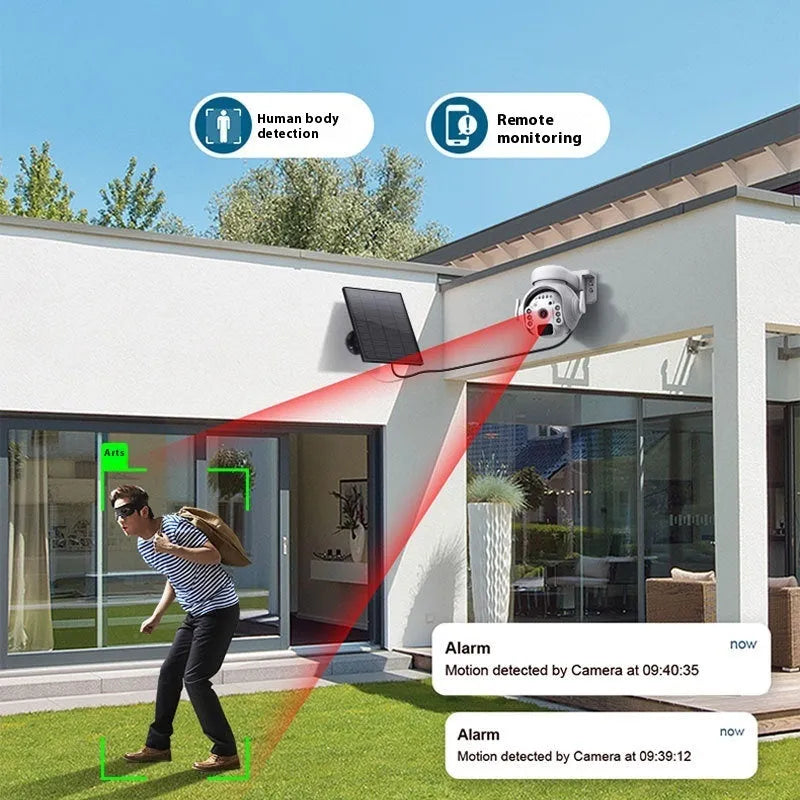 Q55 solar security camera in camouflage, black, or white colour with solar panel and mounting bracket