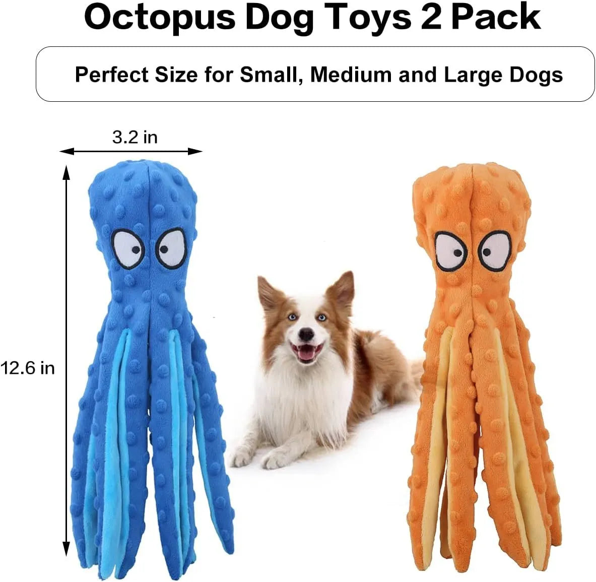 Blue octopus-shaped dog squeaky toy with no stuffing and crinkle sounds for chewing