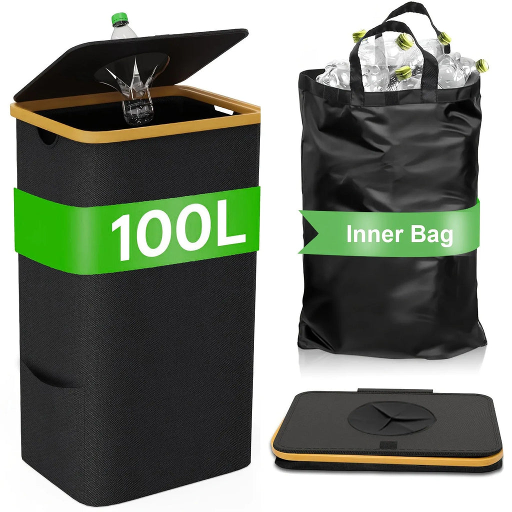 Black bamboo storage basket with lid showing removable bottle compartment and ventilation holes
