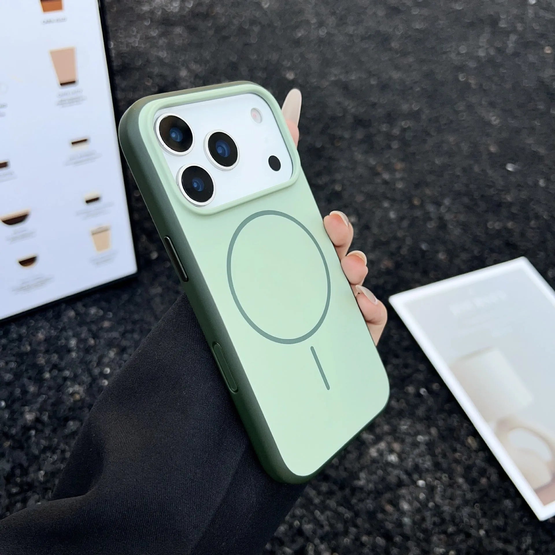Blue frosted magnetic iPhone case with a prominent AI camera button on the side.