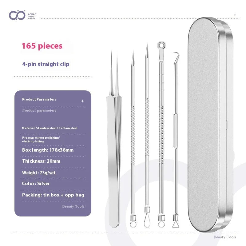 Four metal acne needles with ultra-fine pointed tips laid out in a set.
