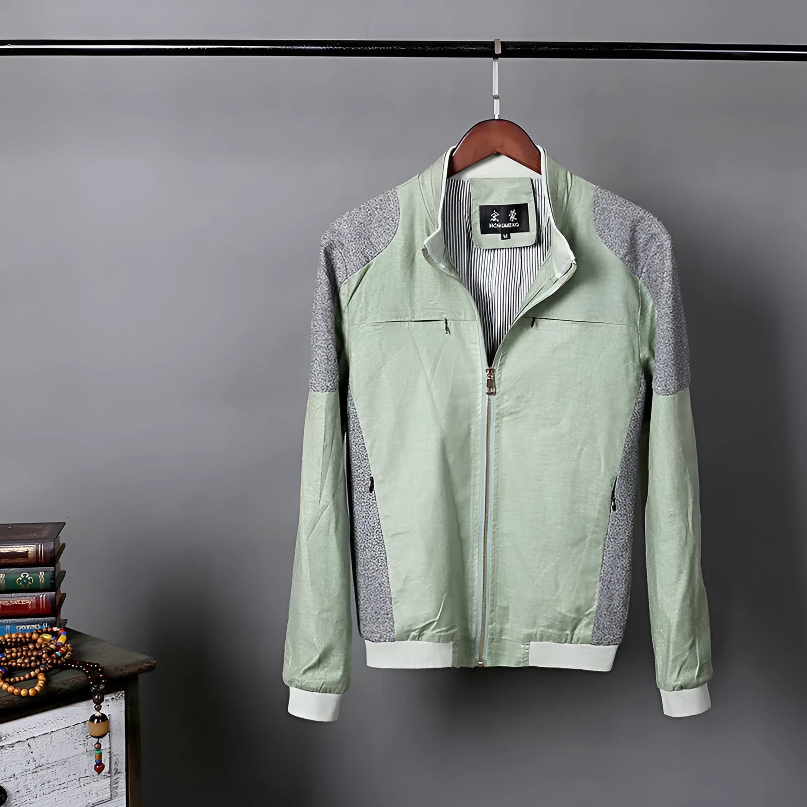 Men's thin cotton linen jacket in heather grey, regular fit, shown on a model.