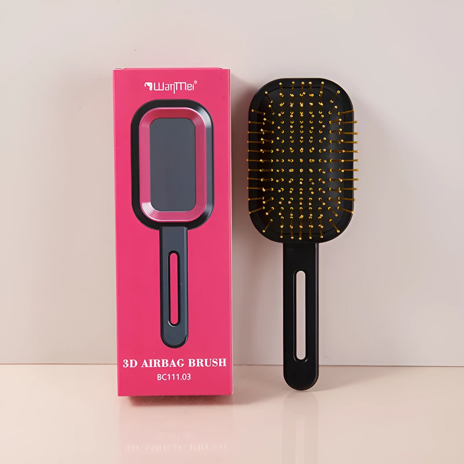 3D air cushion comb with steel needles in black handle pink ring, boxed packaging, over 20cm length