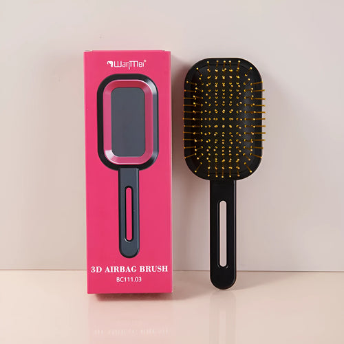 3D air cushion comb with steel needles in black handle pink ring, boxed packaging, over 20cm length