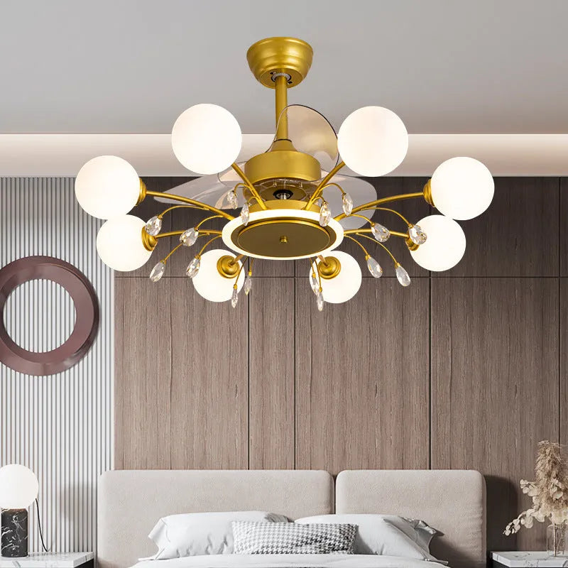 Ceiling fan lamp with chandelier design featuring multiple light heads and metal blades in black finish