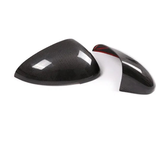 Black true carbon fibre rearview mirror covers for 14-22 Porsche Macan with dimensions 27.5x16.3x13.8 cm