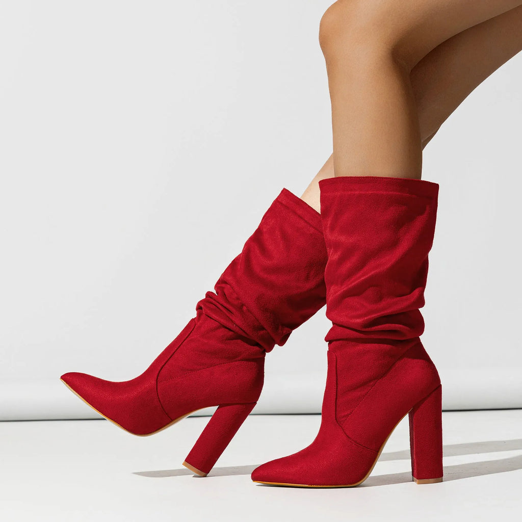 Women's black suede chunky heel pointed-toe boots with mid-calf length and oversleeves design