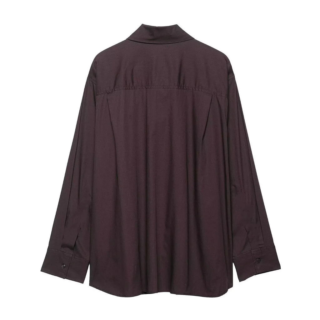 Brown women's poplin shirt with bow tie scarf detail, loose fit long sleeve office blouse