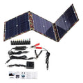 Black foldable 36W solar panel with monocrystalline cells and charging accessories displayed unfolded