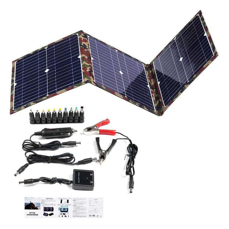 Black foldable 36W solar panel with monocrystalline cells and charging accessories displayed unfolded