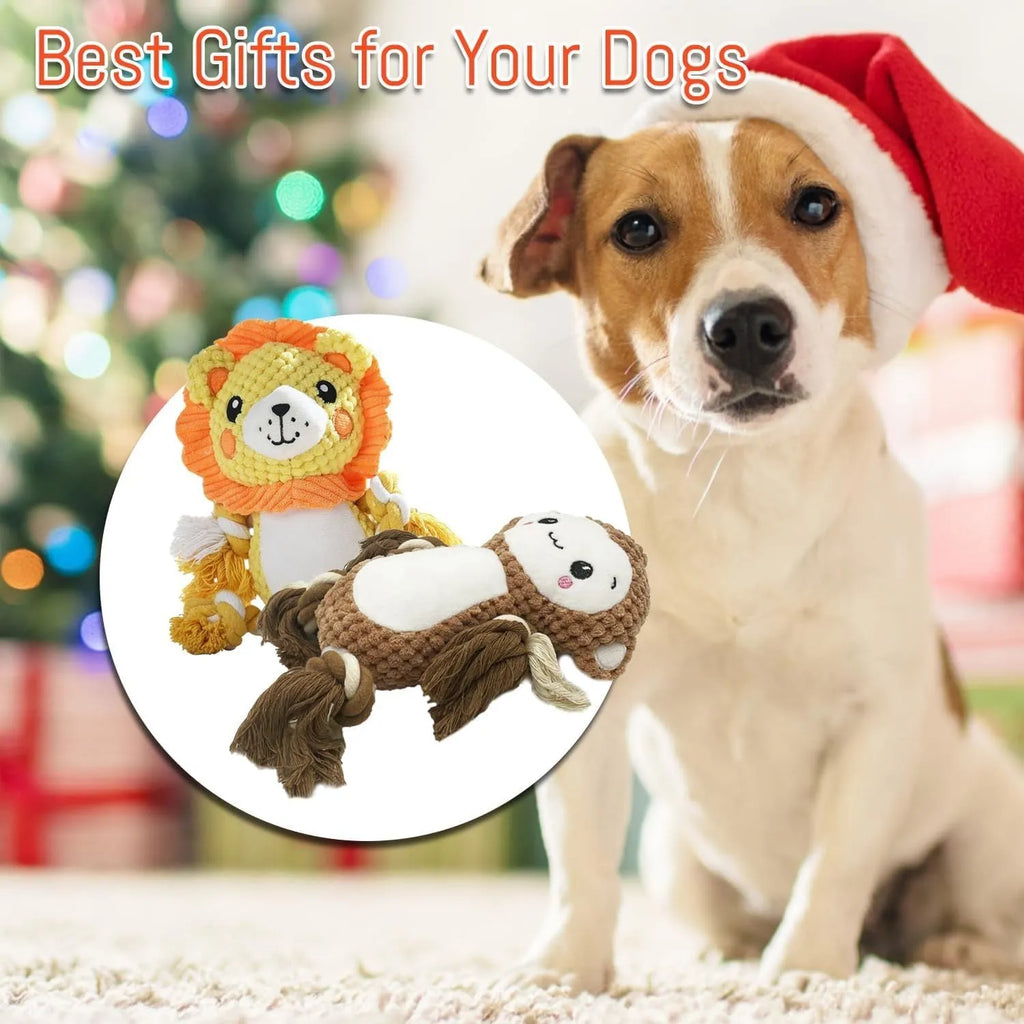 Stuffed squeaky dog toy bundle with lion and monkey plush designs for medium to large dogs