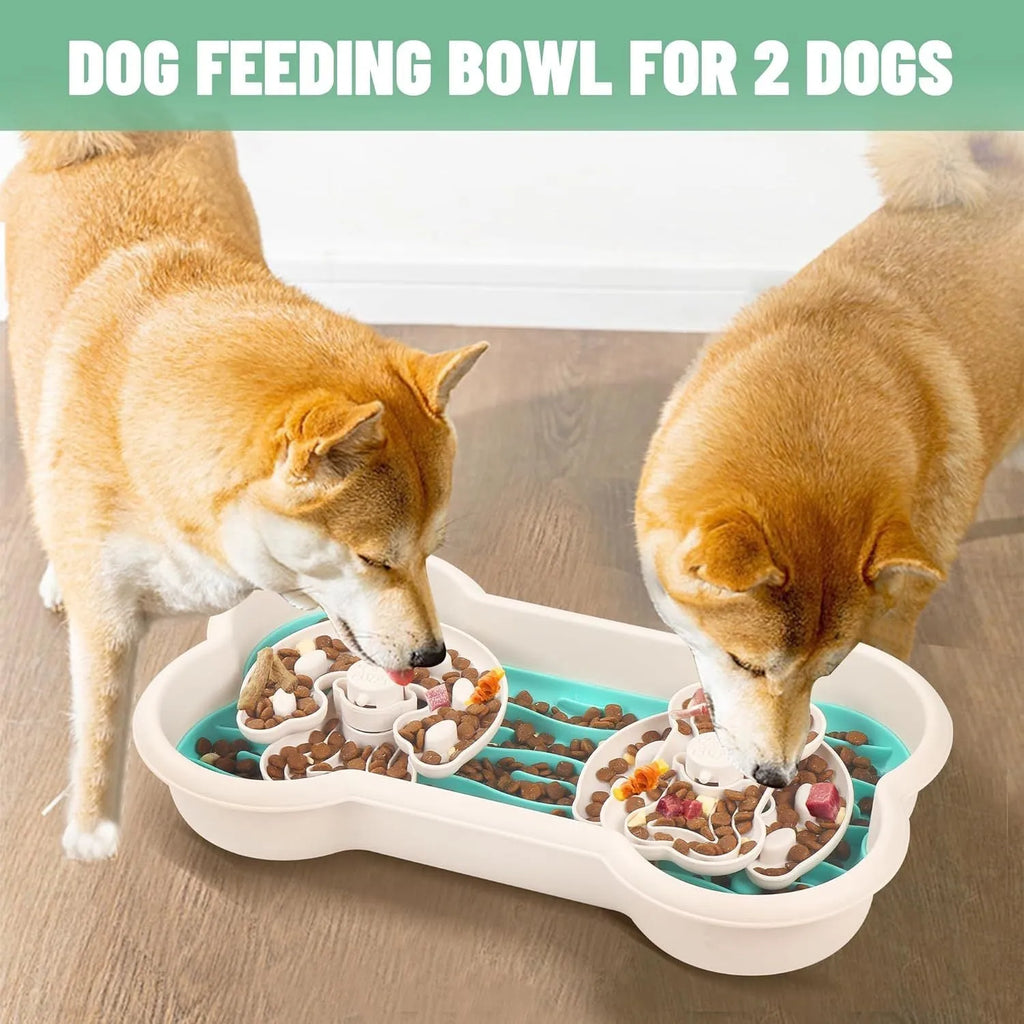Large green slow feeder dog bowl with puzzle trays and non-slip suction cups.