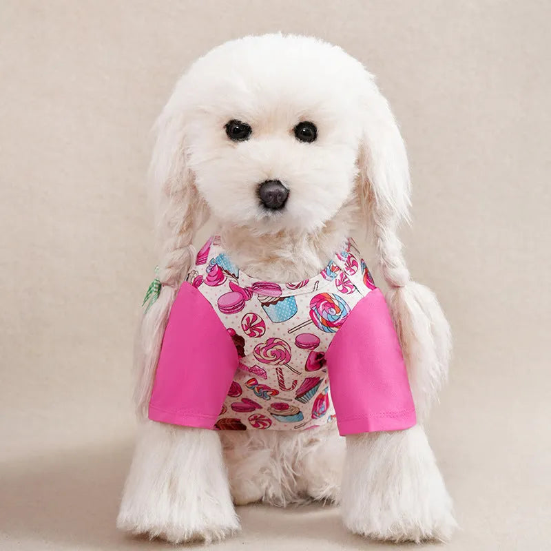 Printed casual T-shirt for small dogs in polyester fabric showing sizing chart with bust and length measurements