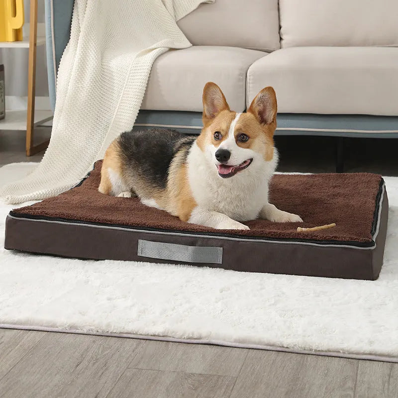 Removable cover memory foam dog mat in khaki, shown in a 90x70x10cm size.