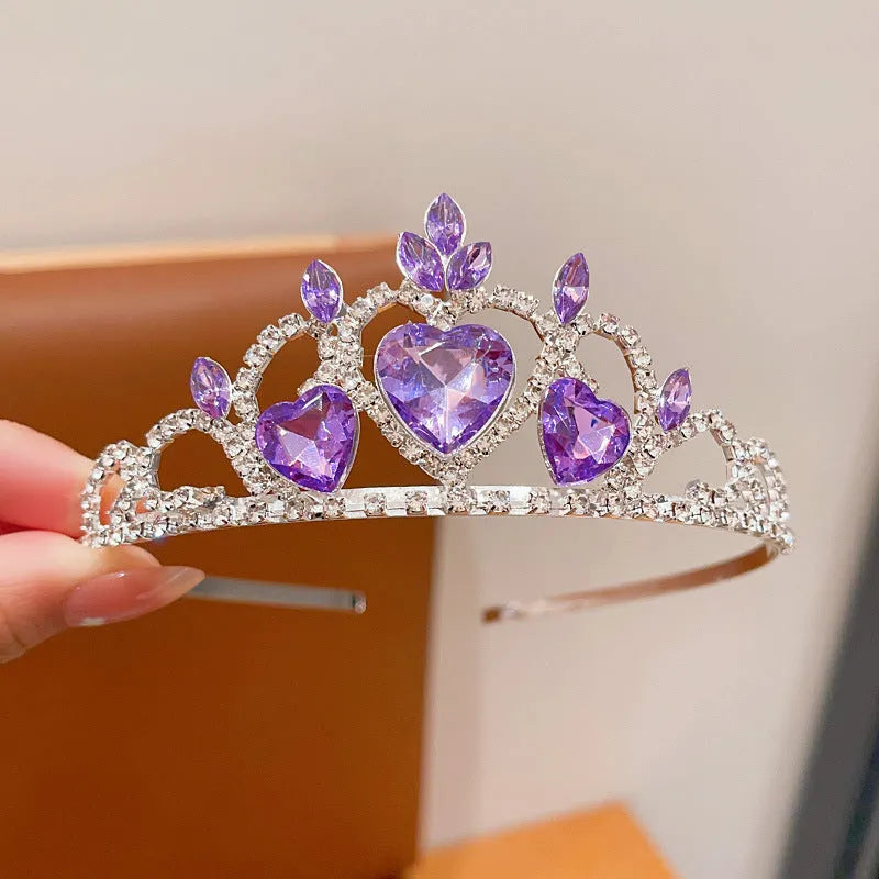 Children's electroplated alloy crown headband headdress in pink, light blue, and light purple crystal colours.