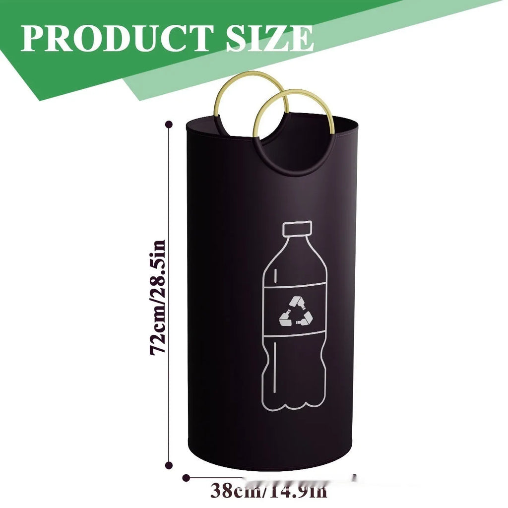 Round portable PP plastic trash can, 38x72cm, shown with included garbage bag.