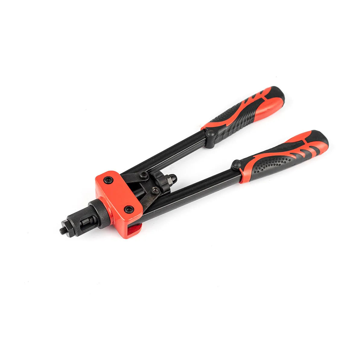 CQ14 14-inch alloy rivet nut gun with set of six M3 to M10 interchangeable tips on a workbench.