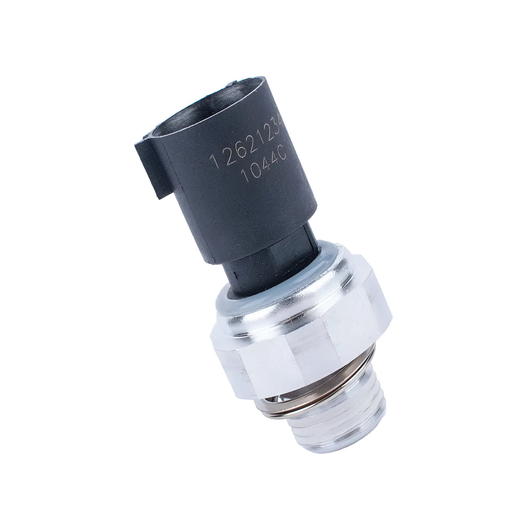 Silver automobile fuel pressure sensor with electrical connector.