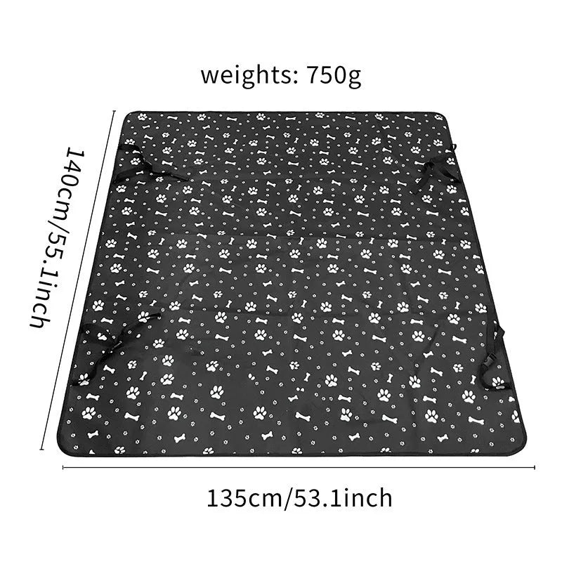Car pet mat covering rear seat with water resistant cloth material in choice of colours and paw print designs