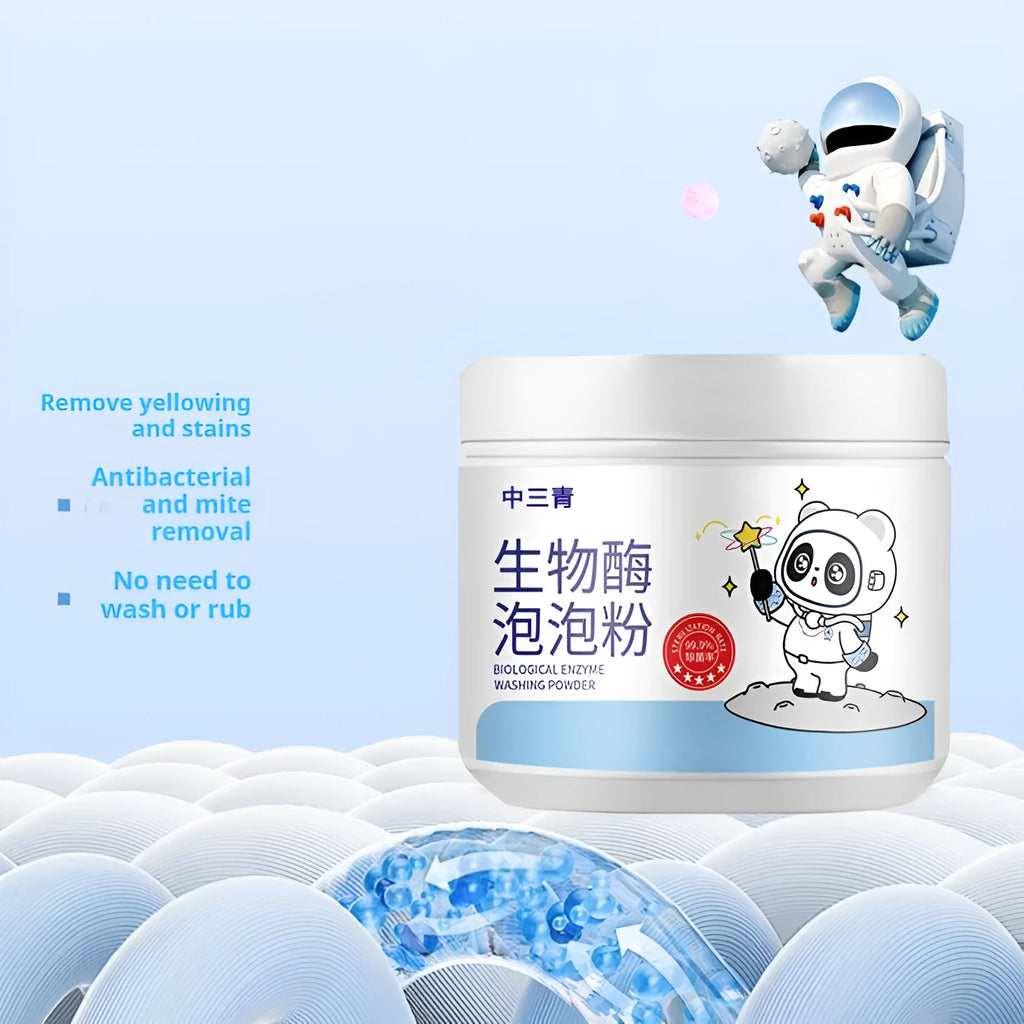 Bottle of biological enzyme bubble powder laundry detergent for down jackets and wool.