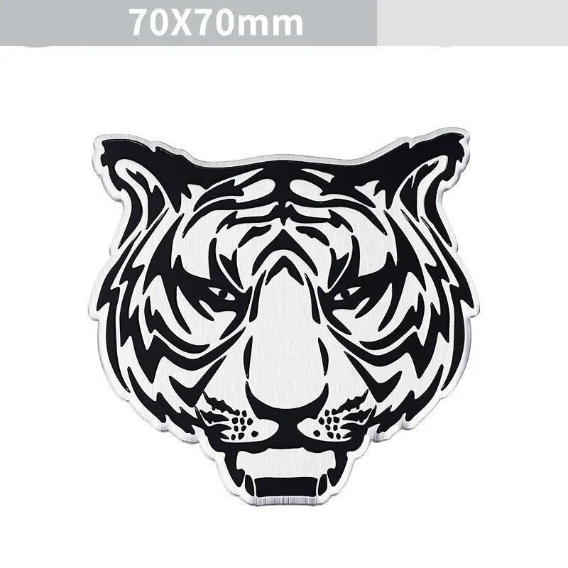 Aluminium car body stickers showing round lion, eagle, wolf head and tiger emblem designs for vehicle exterior decoration