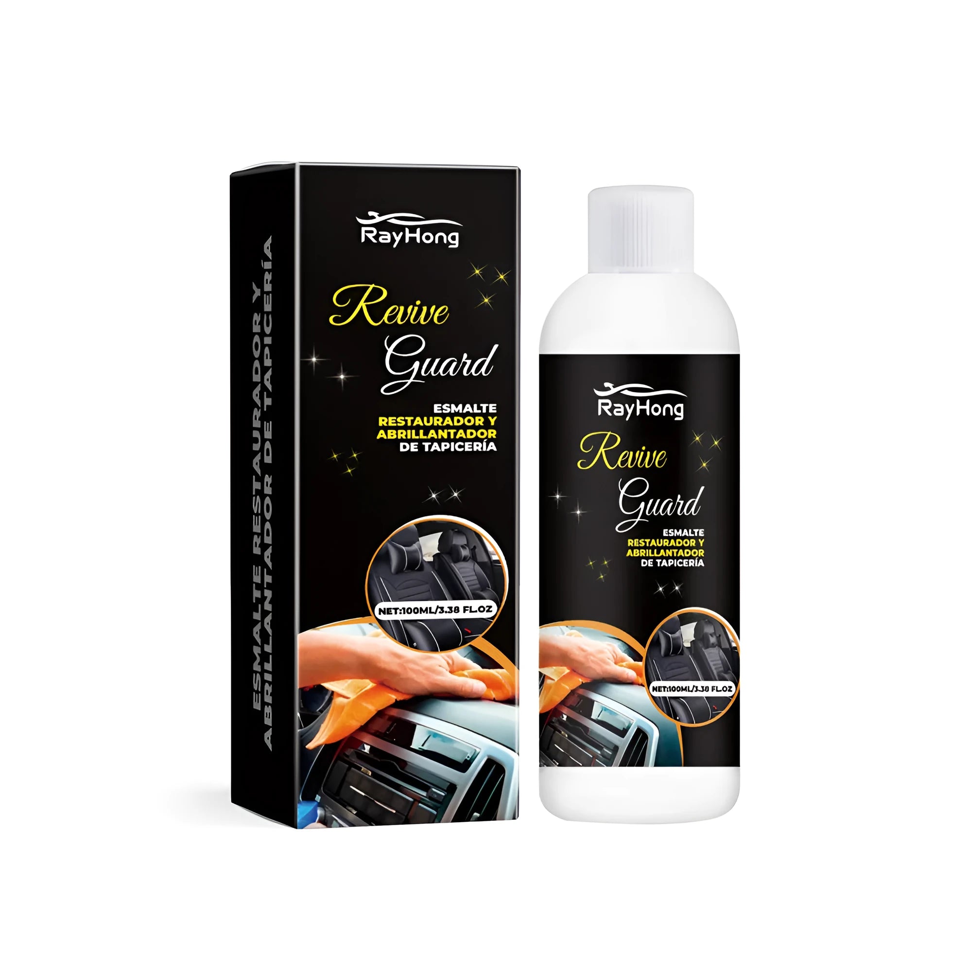 Automotive interior polish paste in a 3.8cm by 12.3cm box for vehicle surface maintenance