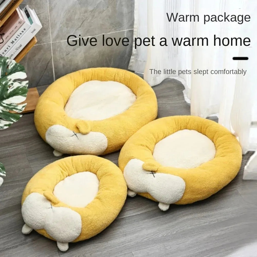 Corgi-shaped soft plush pet bed for dogs and cats, filled with PP cotton, shown in grey.