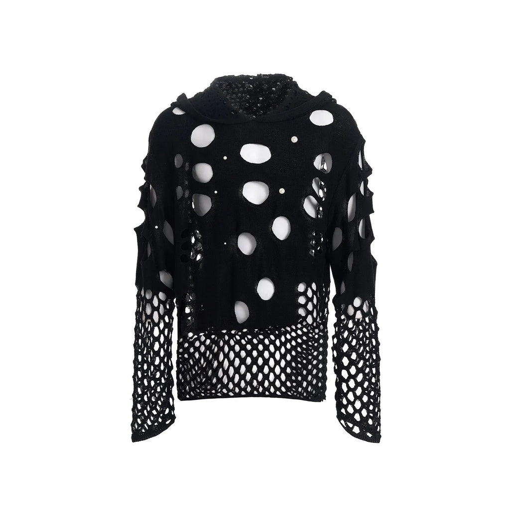 Black men's hoodie with pearl decoration showing loose fit and regular sleeves