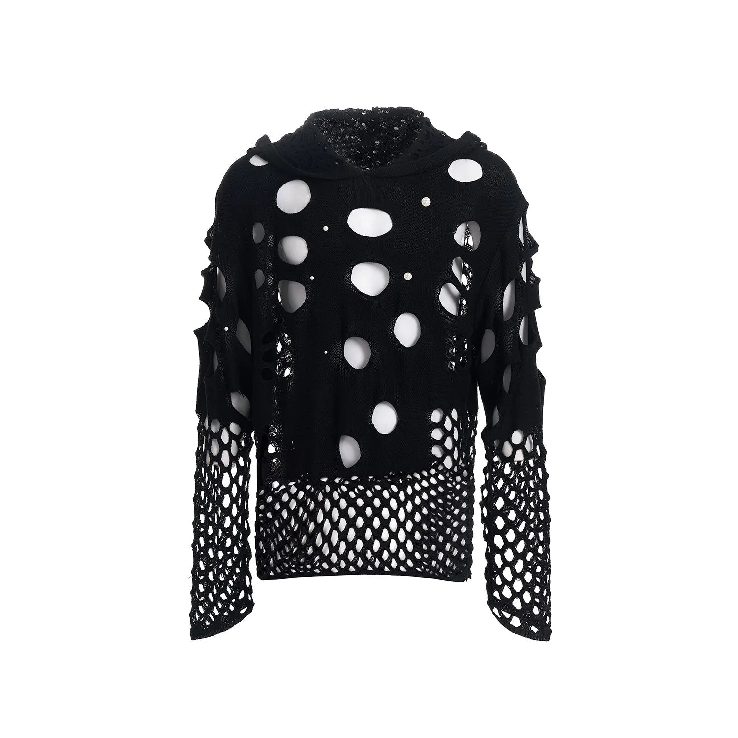 Black men's hoodie with pearl decoration showing loose fit and regular sleeves