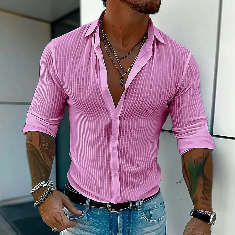 Men's striped British style cardigan shirt with 3D pattern and long sleeves
